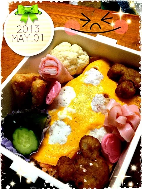 Snapdishの料理写真:お嬢さんのお弁当5/1 水玉オムライス☆*:.｡. o(≧▽≦)o .｡.:*☆|kanako/Ｔ かなちゃんさん