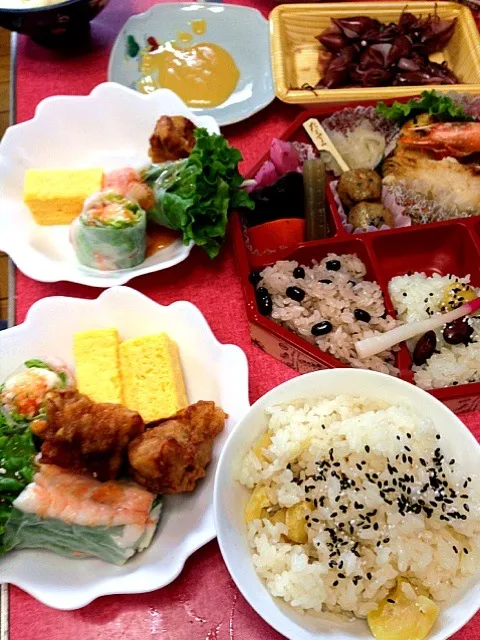 実家ごはん 栗おこわ＆たごさく弁当＆ノンコレステロール出し巻き卵＆生春巻き他|ponnaoさん