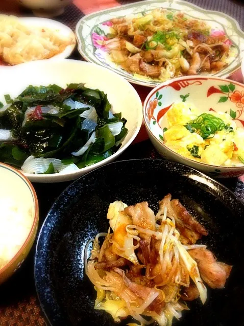 豚バラと野菜炒め、海藻とコンニャクサラダ、卵とじ高野豆腐|よ～さん