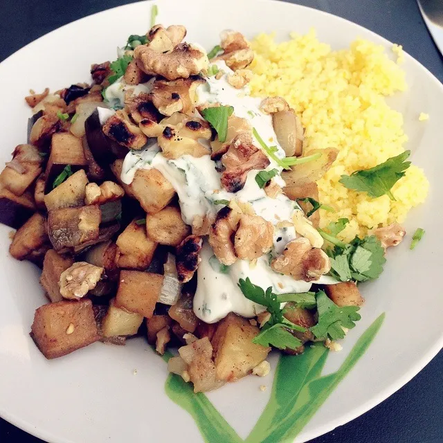 Snapdishの料理写真:Orange couscous with eggplant, Greek yoghurt cilantro sauce and roasted walnuts|Rianneさん