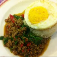 Snapdishの料理写真:Fried basil leave with minced meat and fried egg|Lädÿ~Kikiëさん