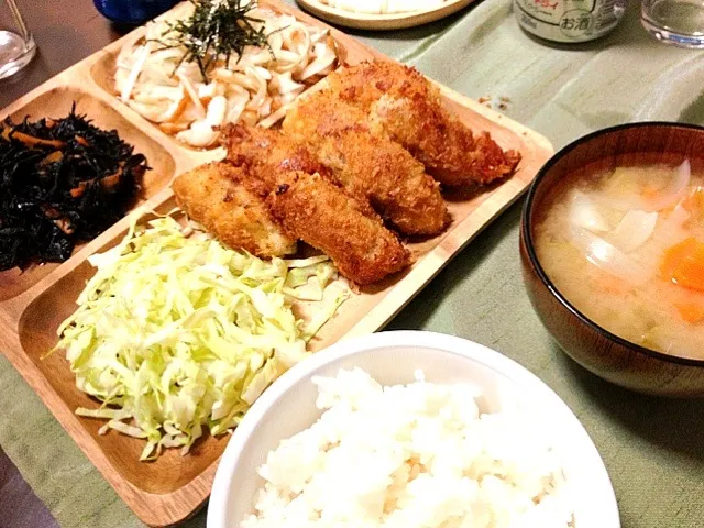 豚肉の長芋大葉巻揚げ＆新玉ねぎのサラダ＆ひじき煮|かなさん