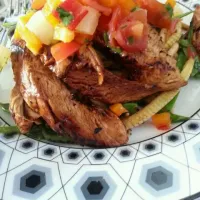 teriyaki turkey with upon noodles and pineapple salsa|alicia sinclairさん