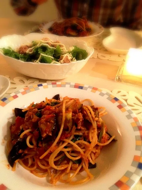 茄子とほうれん草のミートソースパスタ|まちゃこさん