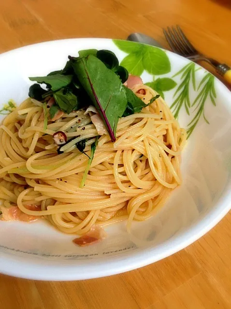 シャキシャキ水菜とベーコンのパスタ|しゅなさん