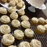 Snapdishの料理写真:Birthday cake with strawberry swiss meringue buttercream and Very Very Vanilla Bean Cupcakes with Vanilla Bean Frosting|zina jacksonさん