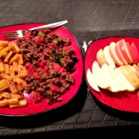 Snapdishの料理写真:Rutabaga fries with meat sauce and an apple with almond butter.|Jen Howardさん