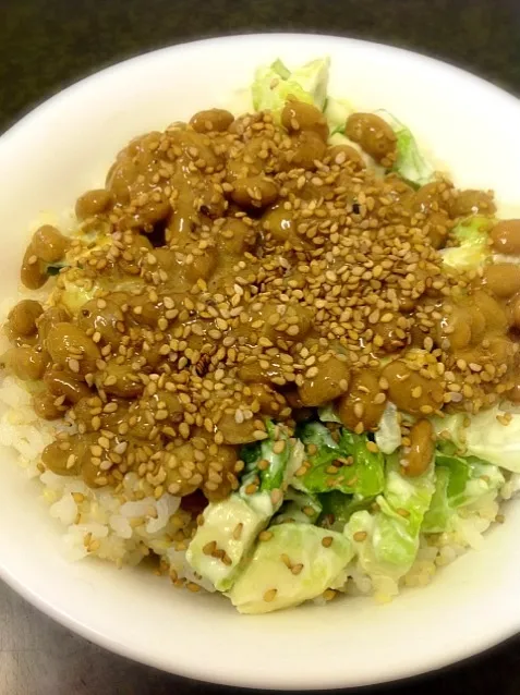 Natto, Avocado & Salad with soy sauce & Mayonese on rice, 納豆丼 (＋アボカド、サラダ、マヨネーズ)|ずきみくさん