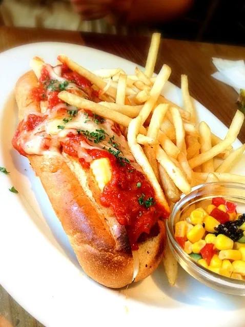 Cheese and chilli hotdog and French fried|PhUnGさん