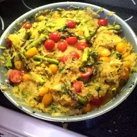 Spaghetti Squash sauteed with onions, garlic,tomatoes, spinach, arugula, and asparagus|Kristen Bruntonさん