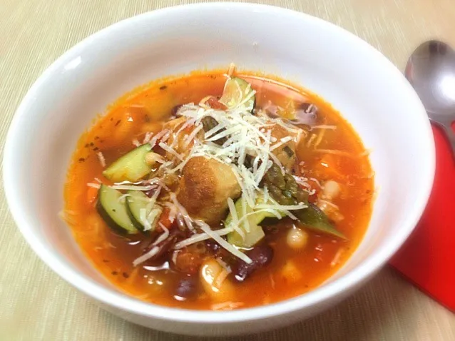 Minestrone with Chicken Meatballs, Asparagus and Zucchini|6畳フィットネスさん