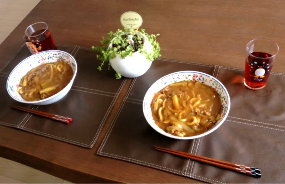 Snapdishの料理写真:牛肉と焼き長ネギのカレーうどん、ルイボスティー|pentarouさん