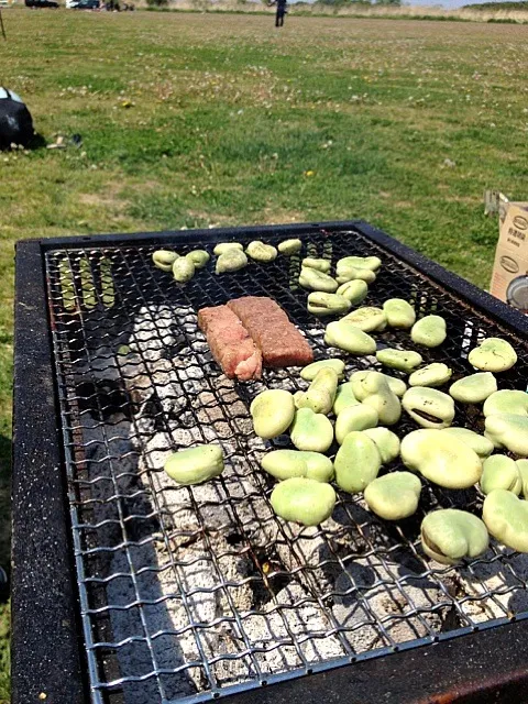 炭火焼き、霜降り牛肉&ゆでそら豆／⒌4お外ごはん|Sumichanさん