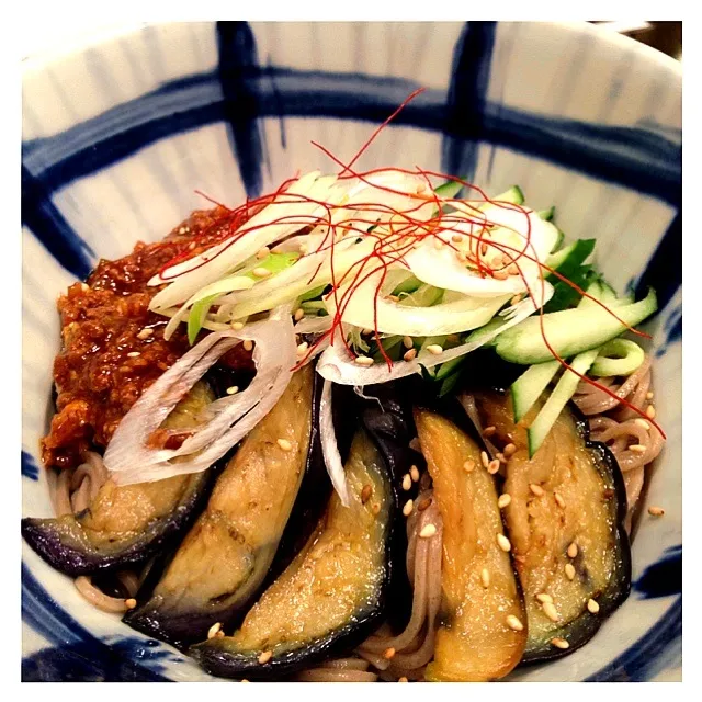 揚げ茄子と肉味噌のピリ辛冷し蕎麦（≧∇≦）|ちぇさん