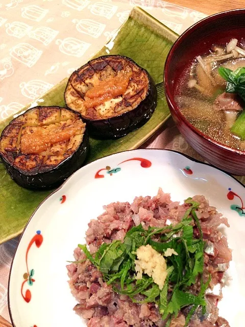 米ナス田楽と鰯のタタキ🍴キノコ汁|yuuminさん