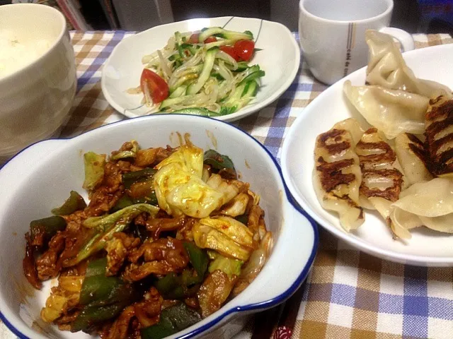 回鍋肉、餃子、キュウリとモヤシのナムル|食いしん坊もりもりさん