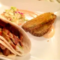 Snapdishの料理写真:Smoked BBQ Pork Taco w/ Fried Pickles and Coleslaw!|willさん