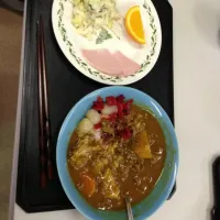 カレー、キャベ、ツナキュウリサラダ|ひじかたはつみさん