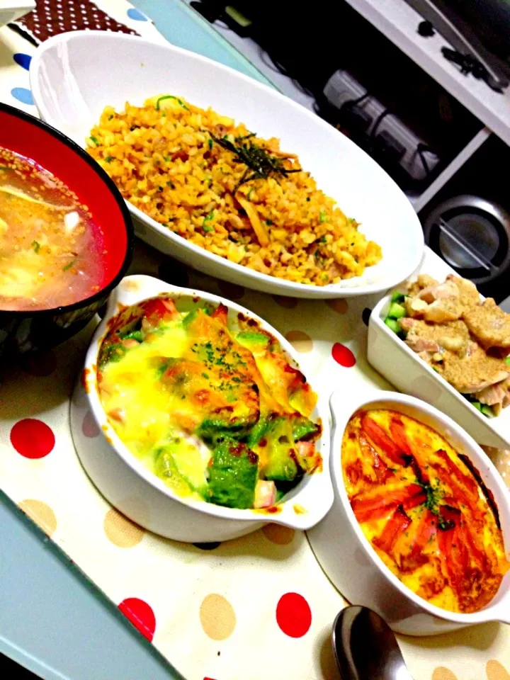 炒飯 アボカドグラタン 山芋グラタン 棒棒鶏 春雨スープ|むっさんさん