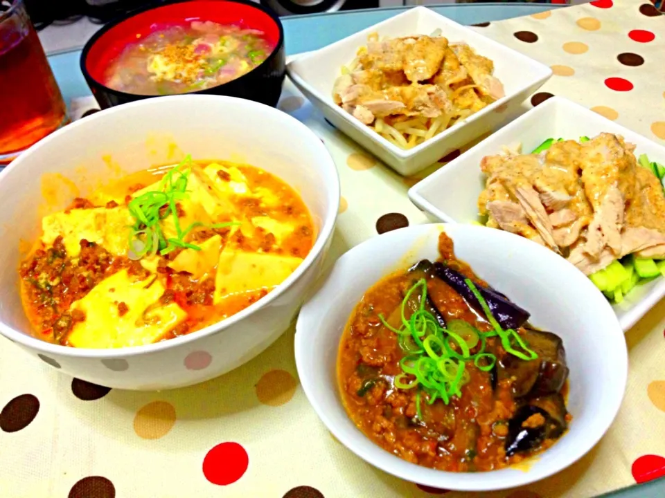 麻婆豆腐 麻婆茄子 棒棒鶏（もやし、きゅうり）春雨スープ|むっさんさん