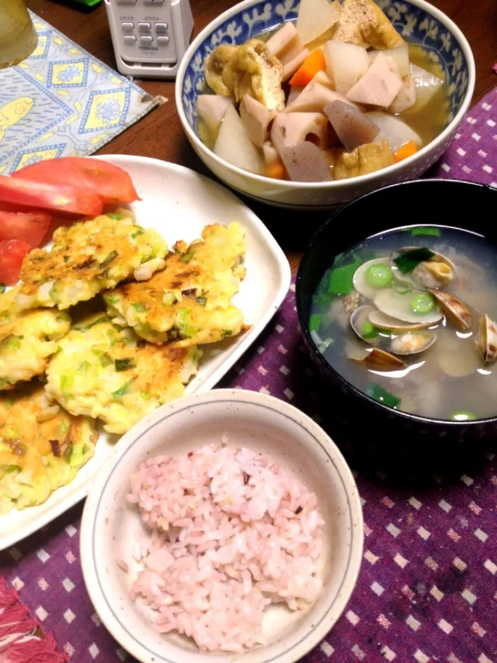 魚のすり身のネギ焼き 根菜の煮物 あさりの味噌汁|掛谷節子さん