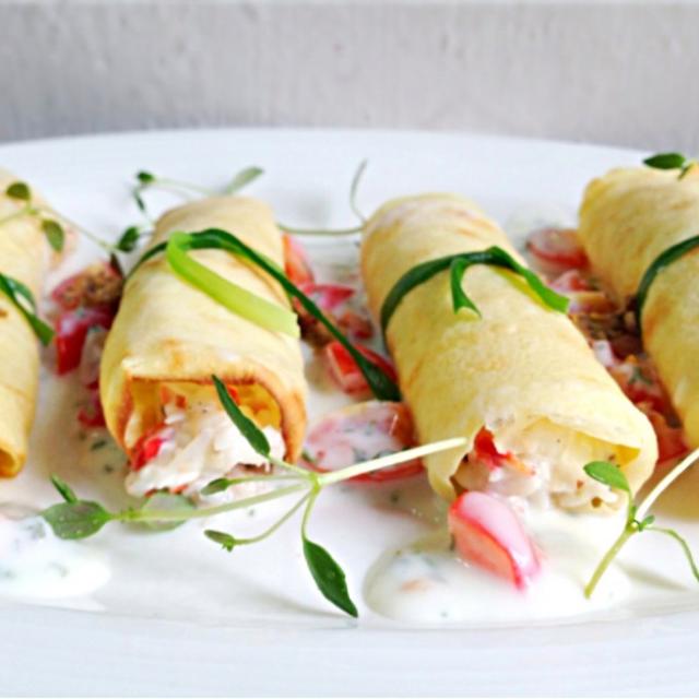 Crab meat cream cheese crepe roll with yogurt mustard sauce/Missty