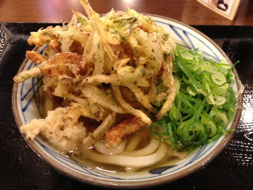 Snapdishの料理写真:かけうどん + ちくわの磯辺かき揚げを頂きました。|momongatomoさん