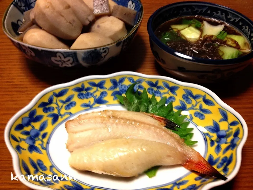 赤魚の開き、里芋とこんにゃくの煮物、青梗菜とモズクのすーぷ|かまさん