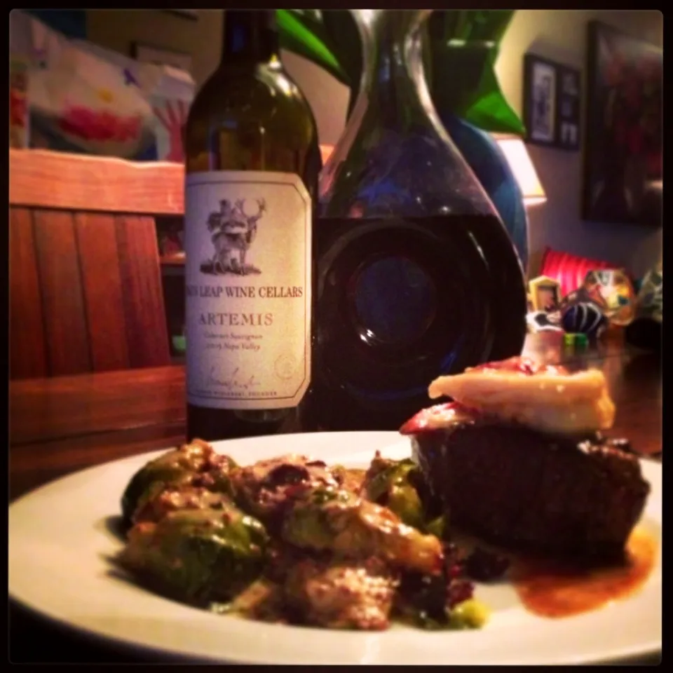 Filet mignon with butter poached lobster and roasted Brussels sprouts and mustard burre blanc. Stag's Leap Artemis on the side.|Aaron Borchertさん