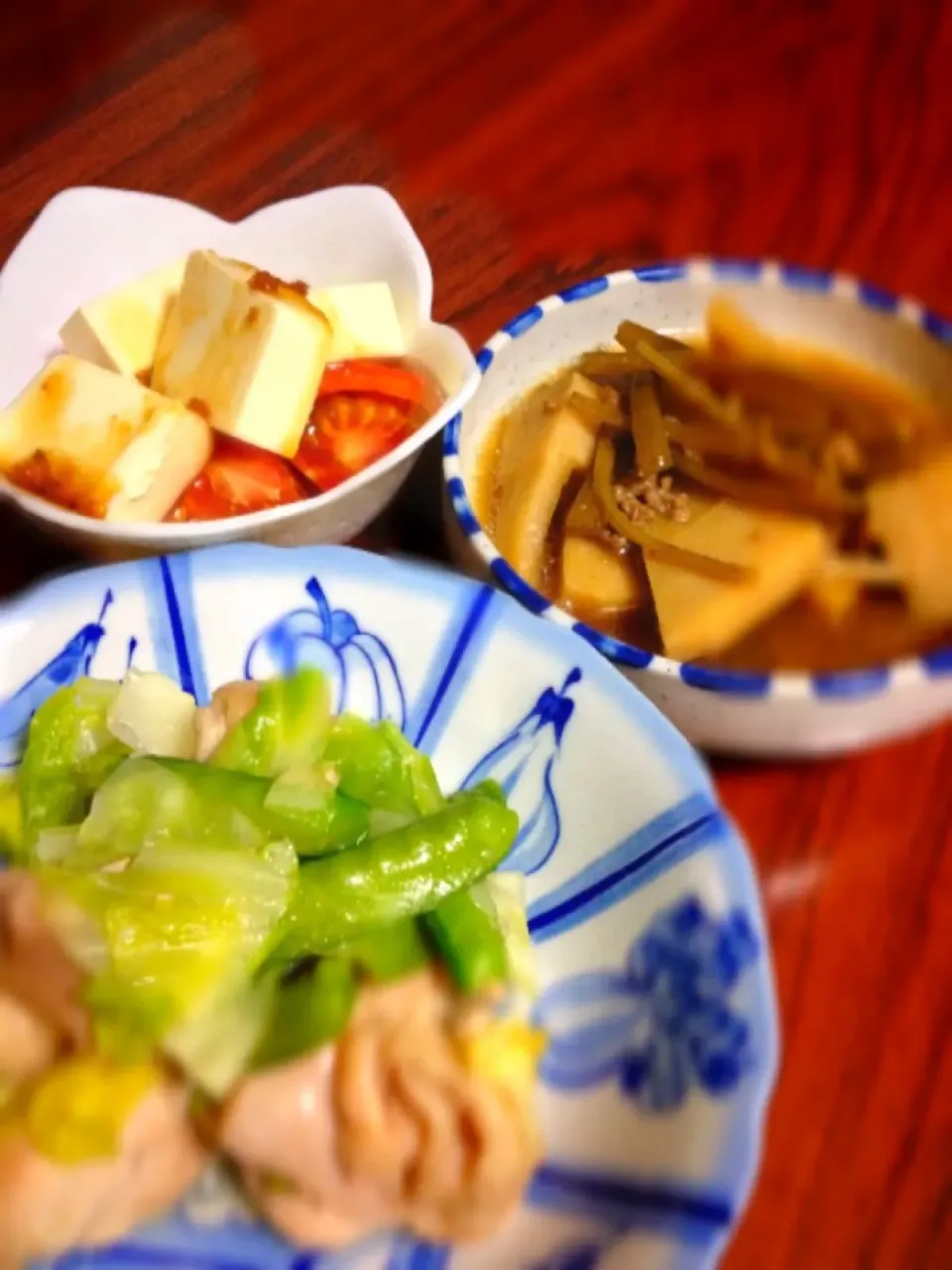 鶏肉とインゲンとキャベツ炒め と~筍とフキの煮物 と~豆腐とトマトの玉ねぎドレッシングかけサラダ|初味さん