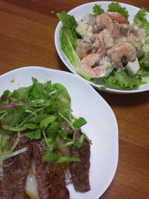 ステーキ丼、エビとアボカドのオーロラあえ|京子さん