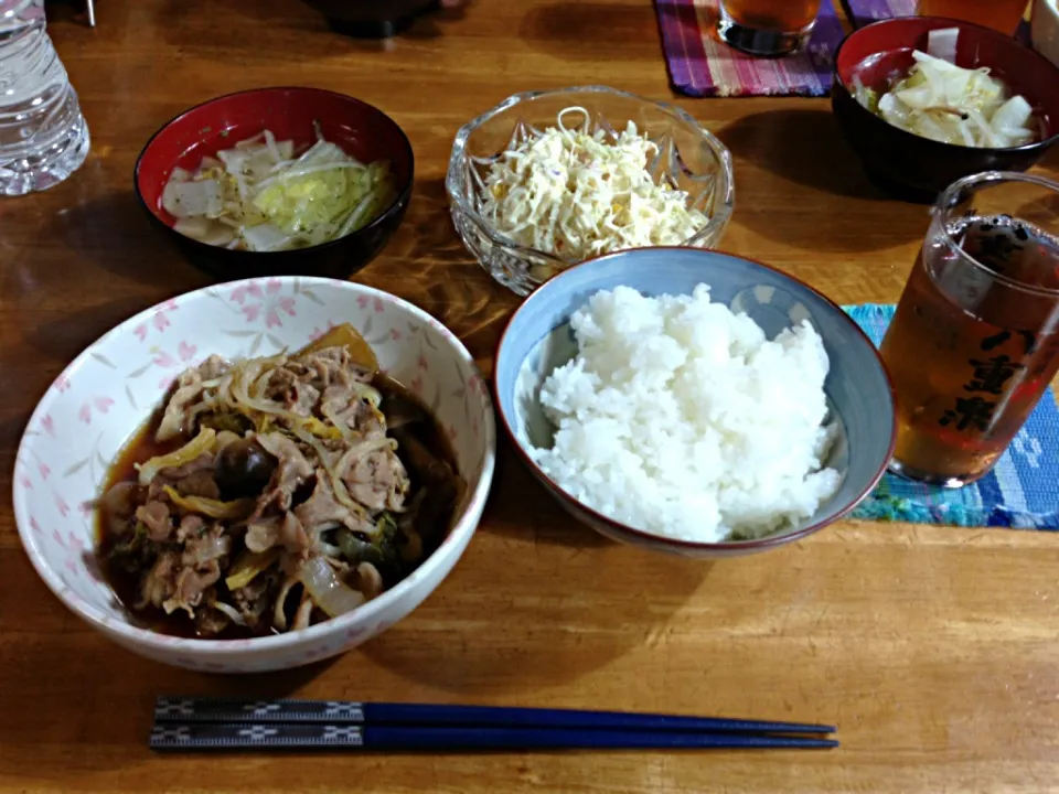 Snapdishの料理写真:豚野菜蒸し生姜焼き風味、コンソメスープ、ツナサラダ！|すかラインさん