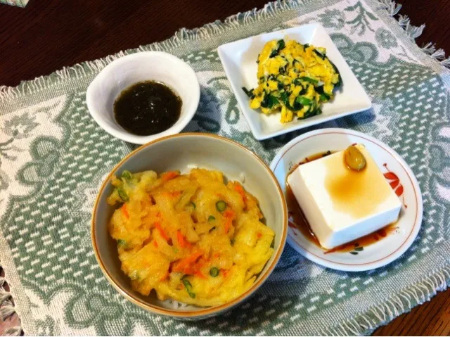 Snapdishの料理写真:かき揚げ丼、ニラ玉、もずく酢、冷奴|きりママさん