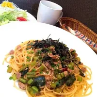 野沢菜とひき肉の和風パスタ|ワタナベさん