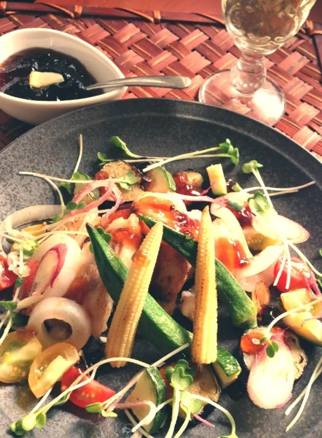 Snapdishの料理写真:Ponzu jelly with fried cod Summer vegetables🐟揚げ鱈と夏野菜のポン酢ジュレかけ|🌈Ami🍻さん