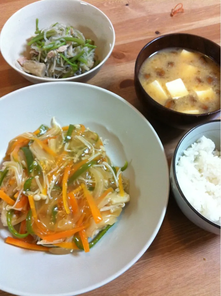 ビンチョウの竜田揚げ、甘酢あんかけ♥ミズと豚肉いため♥|さきさん