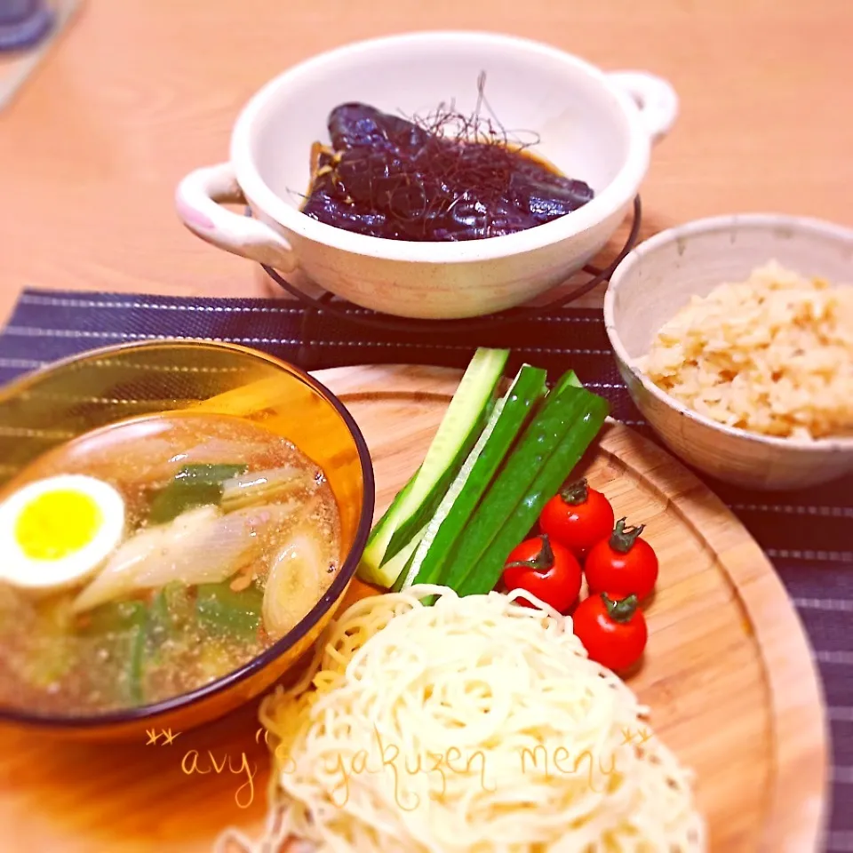 和風つけ麺＆鶏生姜ご飯＆茄子甘辛煮꒰ ૢ❛ั◡❛ั ॢ✩꒱|avyさん