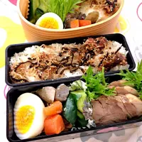 Snapdishの料理写真:チャーシュー、キュウリの浅漬け、煮物、ゆで卵、ちりめんご飯|小林美香さん