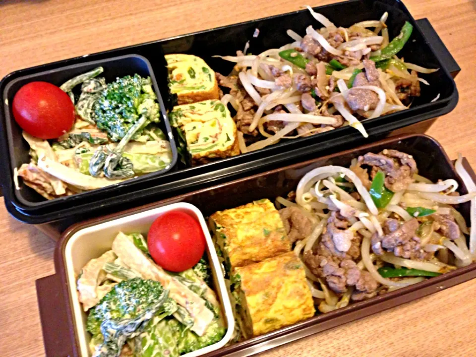 お弁当♡肉野菜炒め、ほうれん草入り卵焼き、ブロッコリーと竹輪のマヨ和え|ウサコさん