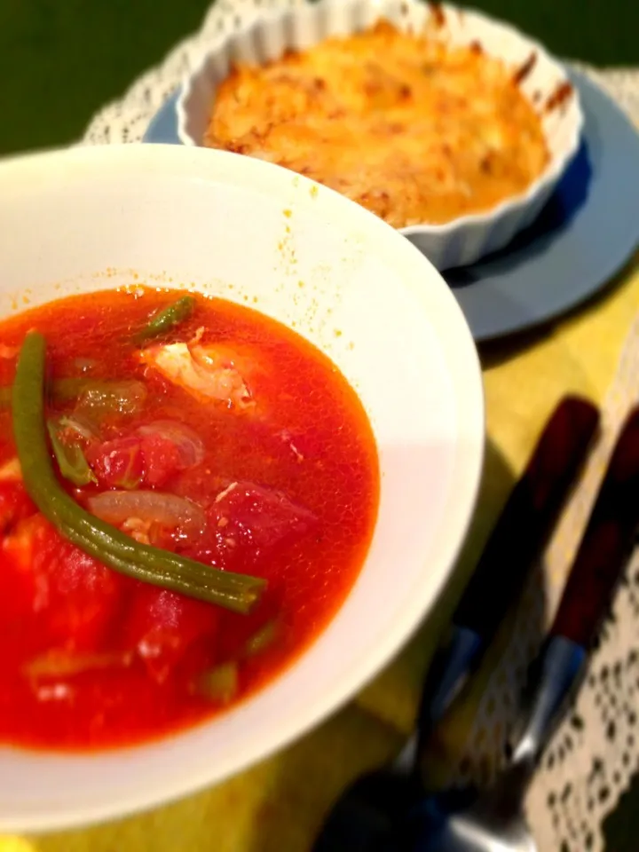 Snapdishの料理写真:スパゲティーグラタン＆チキンのトマト煮|hongkiさん