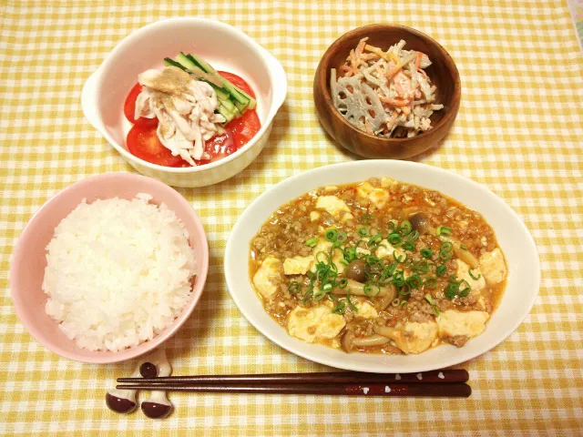 麻婆豆腐しめじ☆棒々鶏☆ゴボウとレンコンのサラダ(^^)|まゆみさん