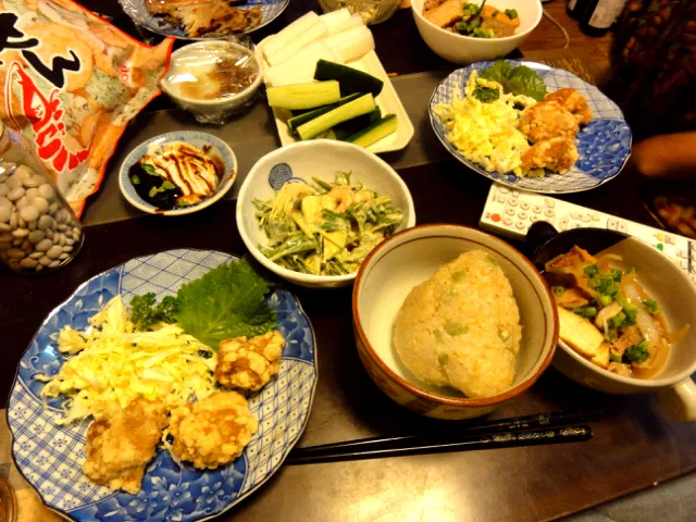 肉豆腐&鶏唐揚げ&海老アボカドサラダ&野菜スティック&豆ご飯|まぐろさん