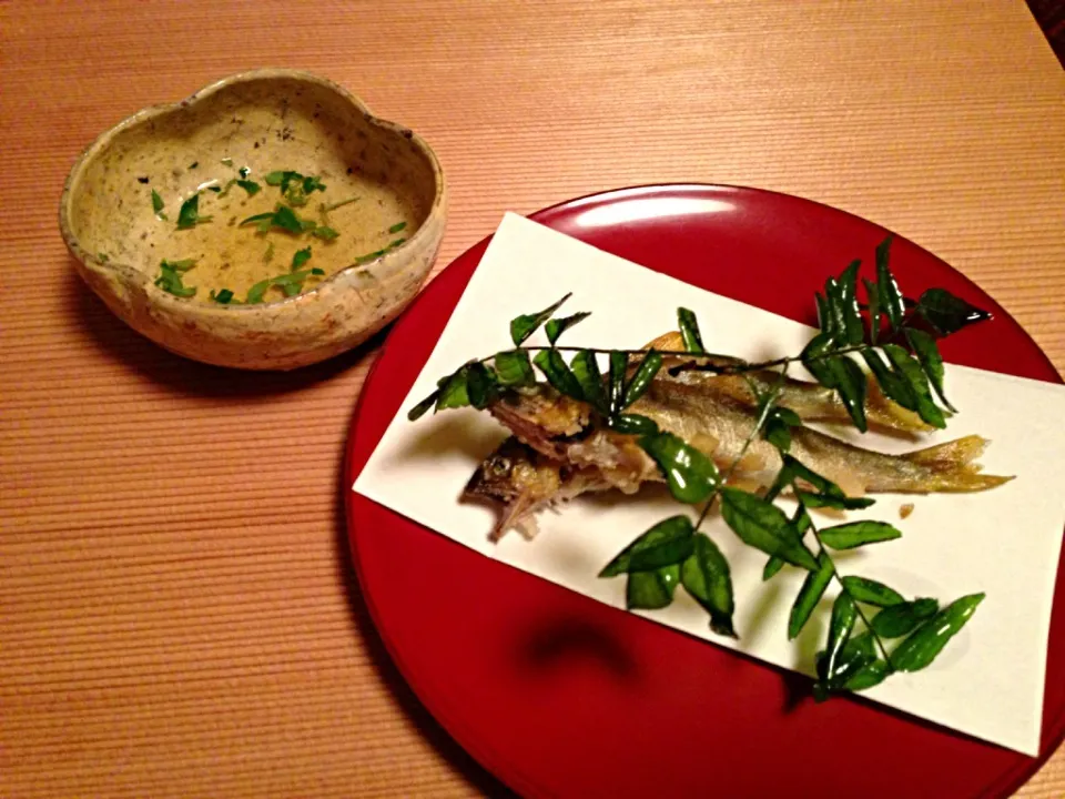 進肴 若鮎焼揚げ 木の芽酢 木の芽枝揚げて|ハギーさん