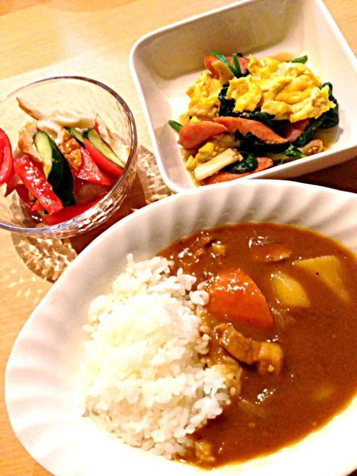 カレー&ウインナーとほうれん草の卵炒め&胡瓜とトマトのゴマどれ和え|えりちんさん