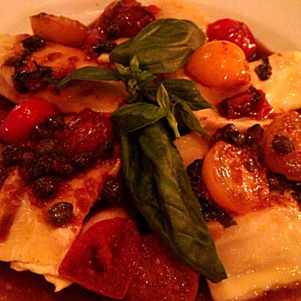 Snapdishの料理写真:Pumpkin stuffed ravioli with tomatoes capers and a balsamic sauce|lauren shannonさん