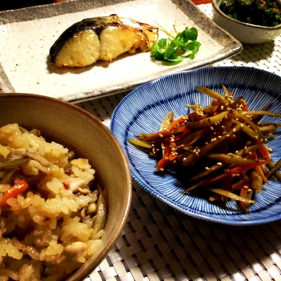 Snapdishの料理写真:穫れたて山形県産春ごぼうの献立 Takikomi rice (chicken & burdock), kimpira burdock, grilled Spanish mackerel with saikyo-miso|まる(丸大豆)さん