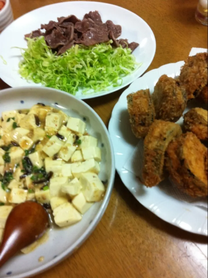 茄子のひき肉はさみ揚げ  たんのレモン味炒め  変わり麻婆|笑美子さん