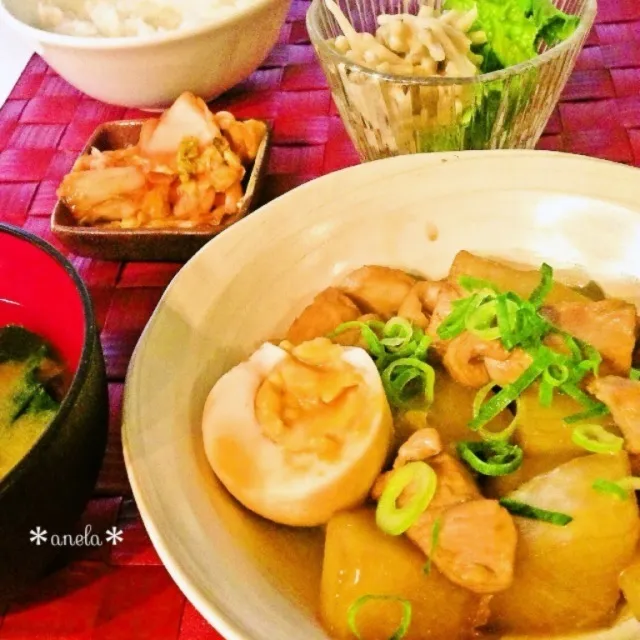 Snapdishの料理写真:鶏肉と大根のこってり煮❤ごぼうサラダ❤キムチ❤味噌汁|あねらさん