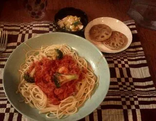 蟹のトマトクリームパスタ
蓮根のオリーブオイル焼き
オクラとコ　ーンのくずし豆腐　http://www.pasta.or.jp/smt/recipe.php?recipe_id=314|あやさん