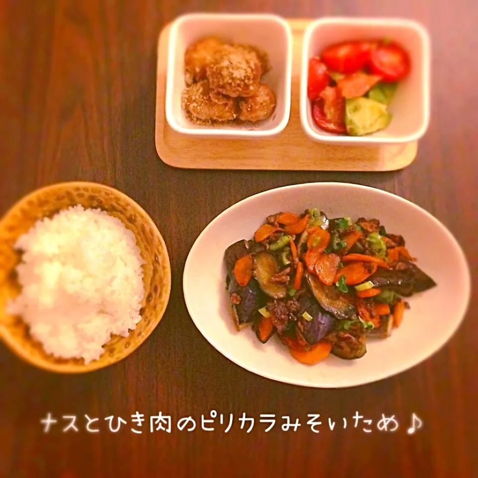 Snapdishの料理写真:ナスとひき肉のピリ辛みそ炒め♪|なつさん